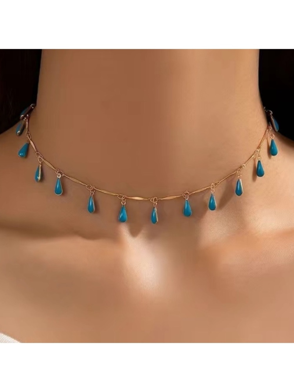 Blue Enamel Raindrop Gold Toned Choker Necklace